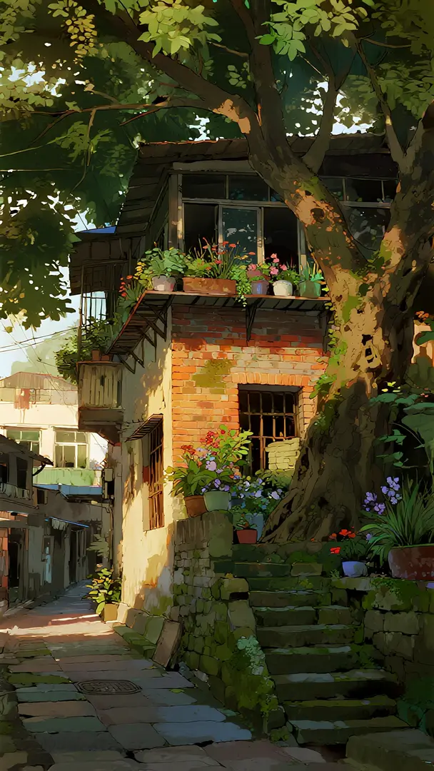 Sunlit brick house with flower pots and stone steps beneath a large leafy tree
