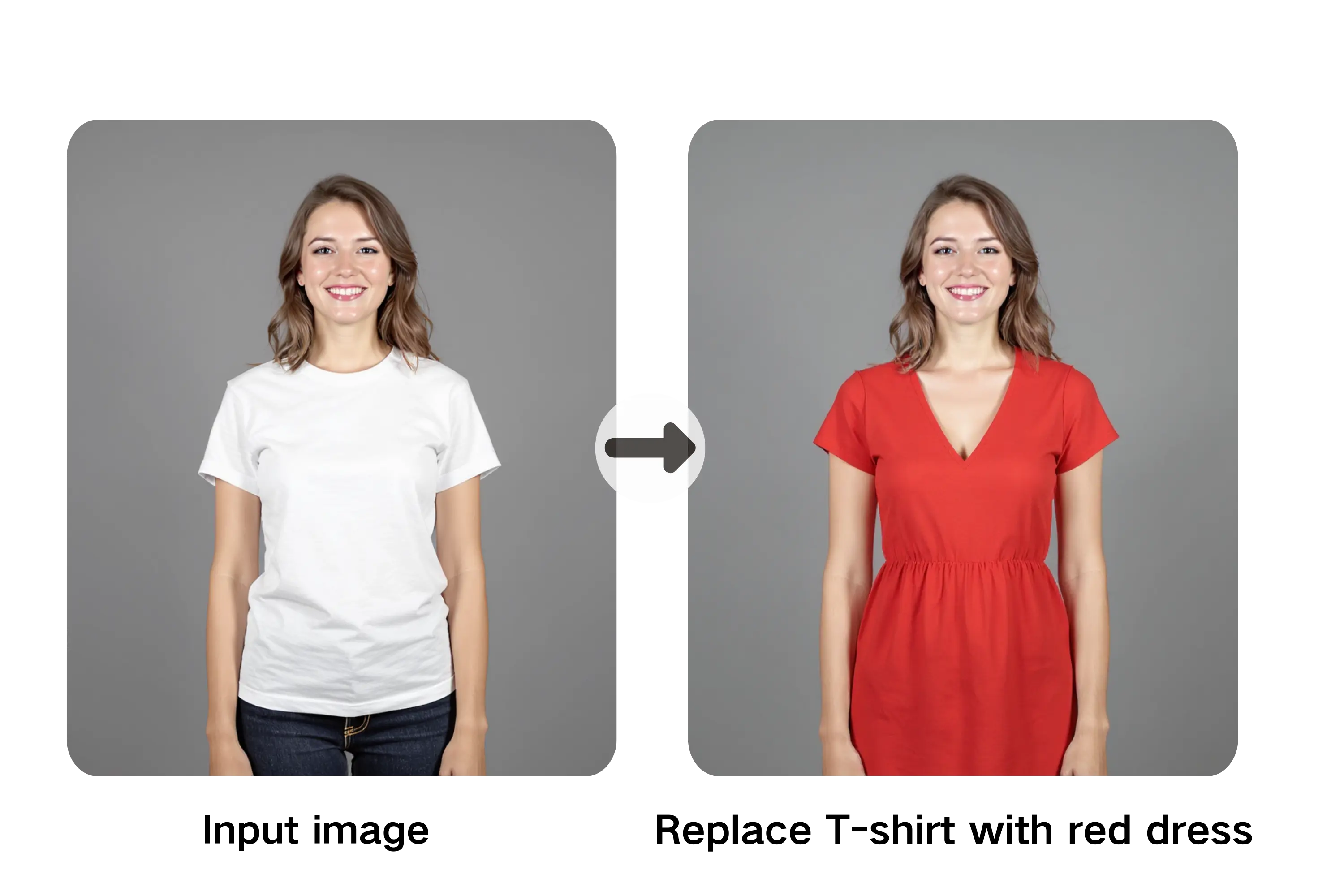 Before-and-after portrait of a woman changing from a white T-shirt to a red dress