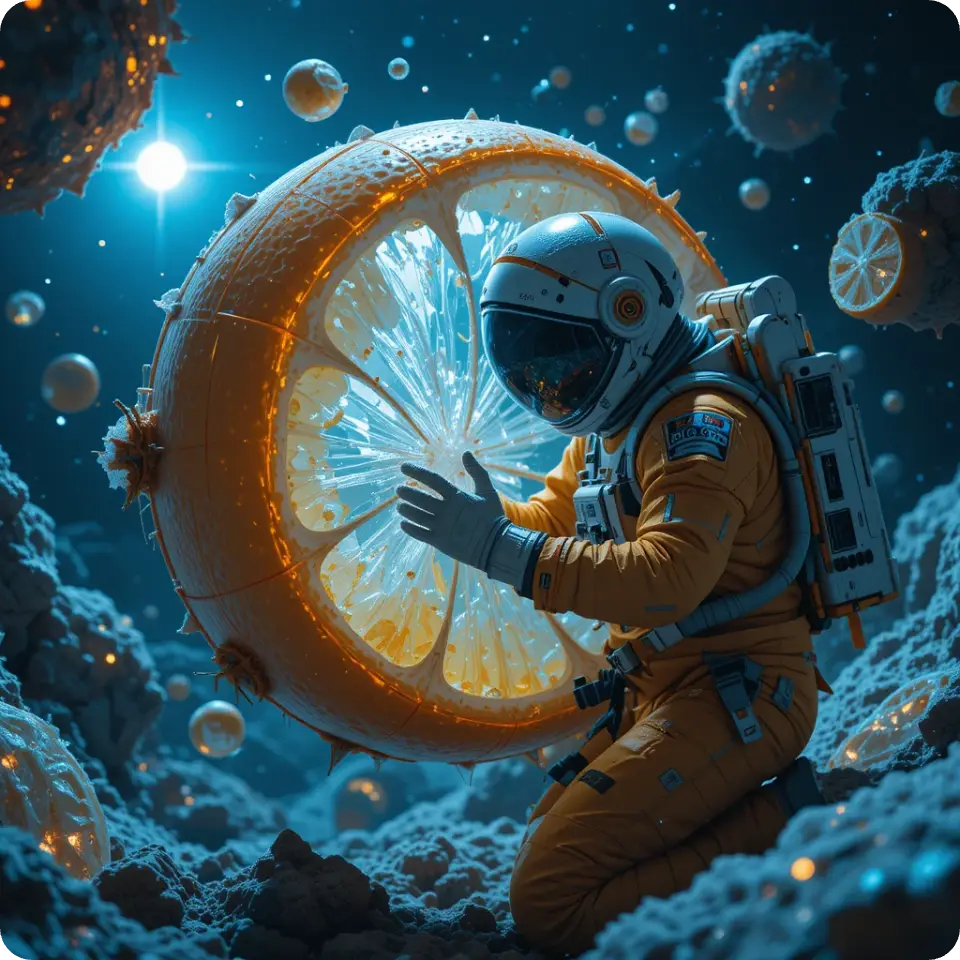 Astronaut kneeling beside a giant glowing orange slice in an asteroid-filled space scene