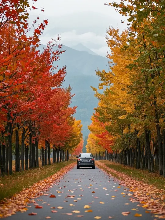 Car driving along a road lined with vivid red and golden autumn trees